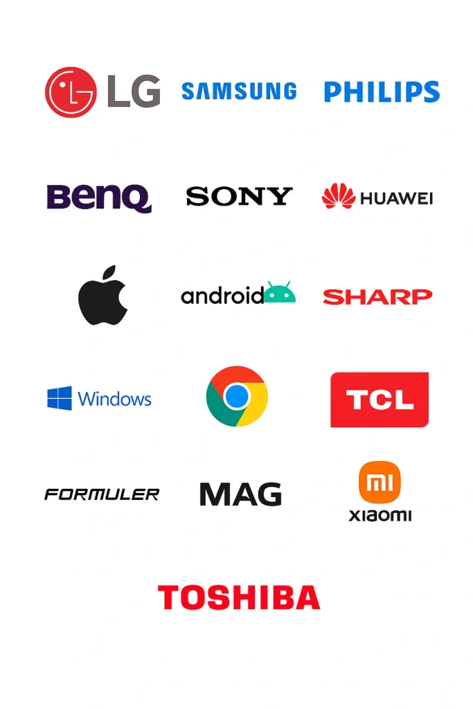 Découvrez les tv emblématiques des plus grandes marques technologiques comme LG, Samsung, Sony, Apple, Huawei, Xiaomi et bien d’autres. Une collection visuelle des leaders mondiaux de l’électronique iPTV Code et des appareils connectés.